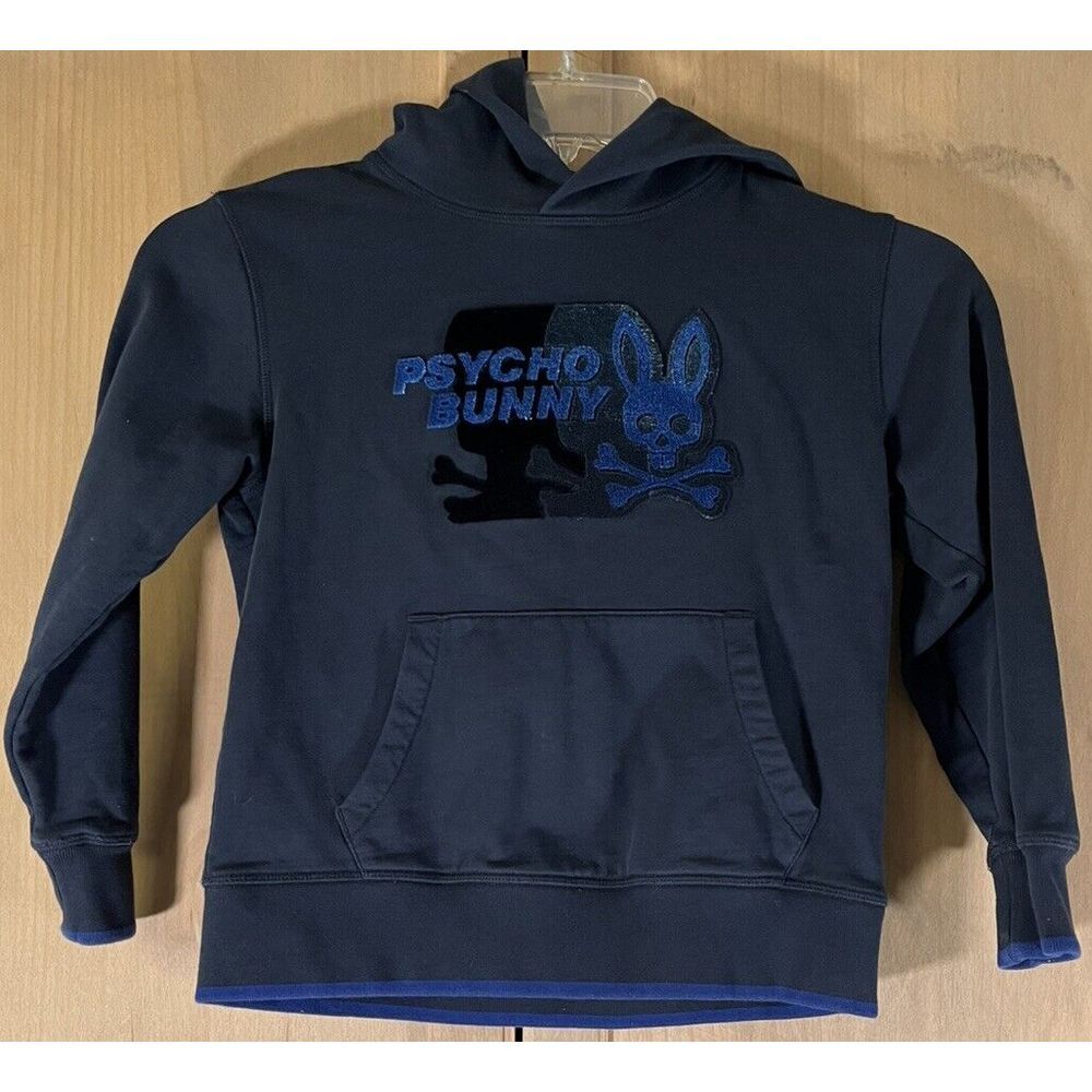 Psycho Bunny Hoodie Boys Size 10/12 Navy Blue‎ Chenille Logo Pullover